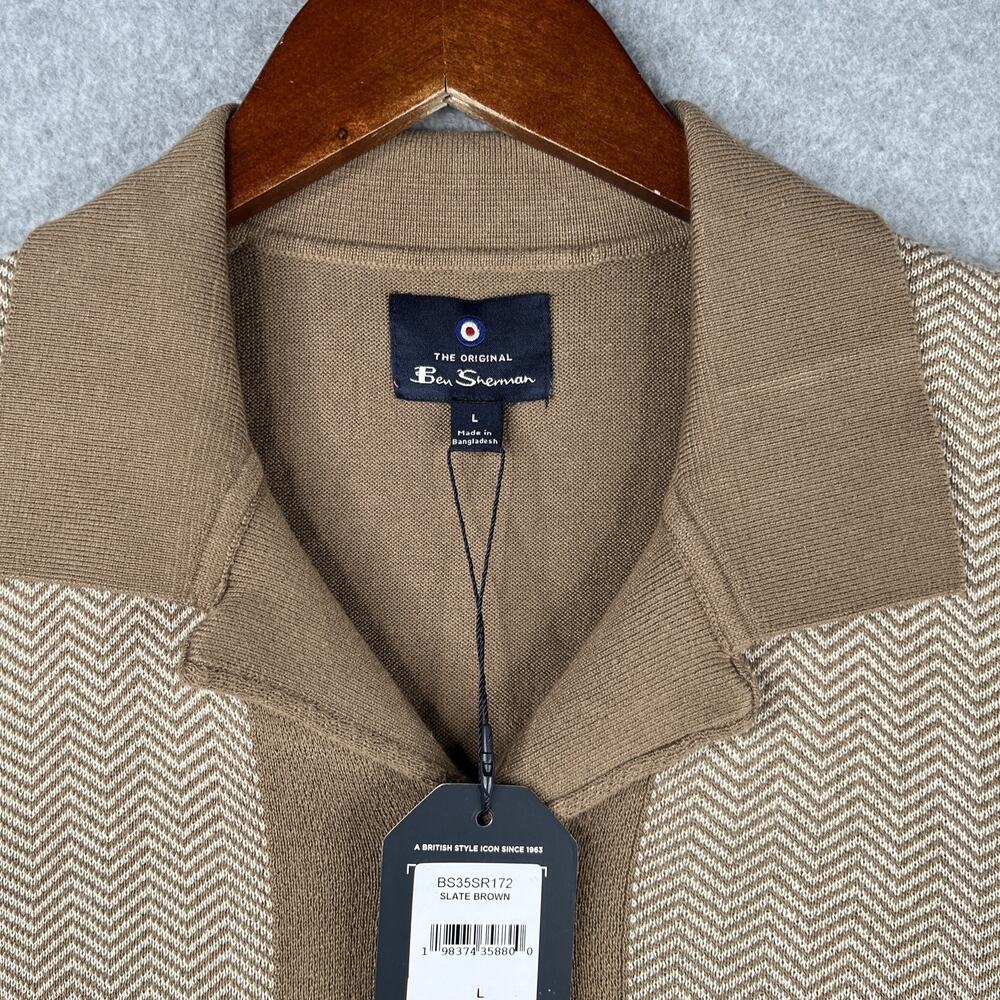 Ben Sherman Knit Shirt Large Beige Chevron Button Up Short Sleeve Mens New NWT - Picture 5 of 10